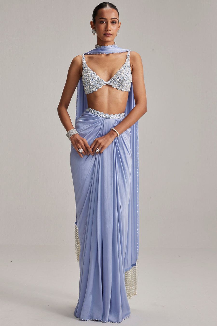 Dew Blue Satin Draped Skirt Set