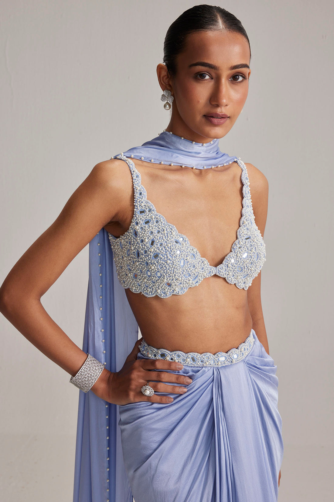 Dew Blue Satin Draped Skirt Set