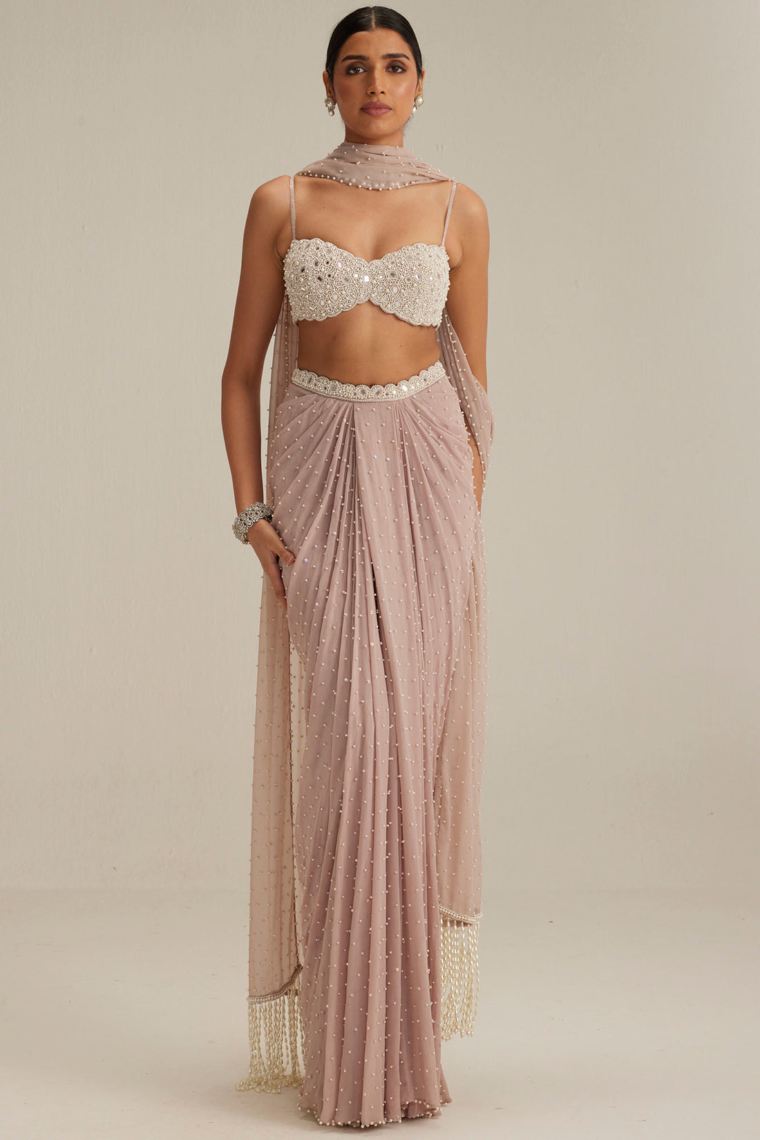 Ash Pink Pearl Scattered Draped Skirt Set