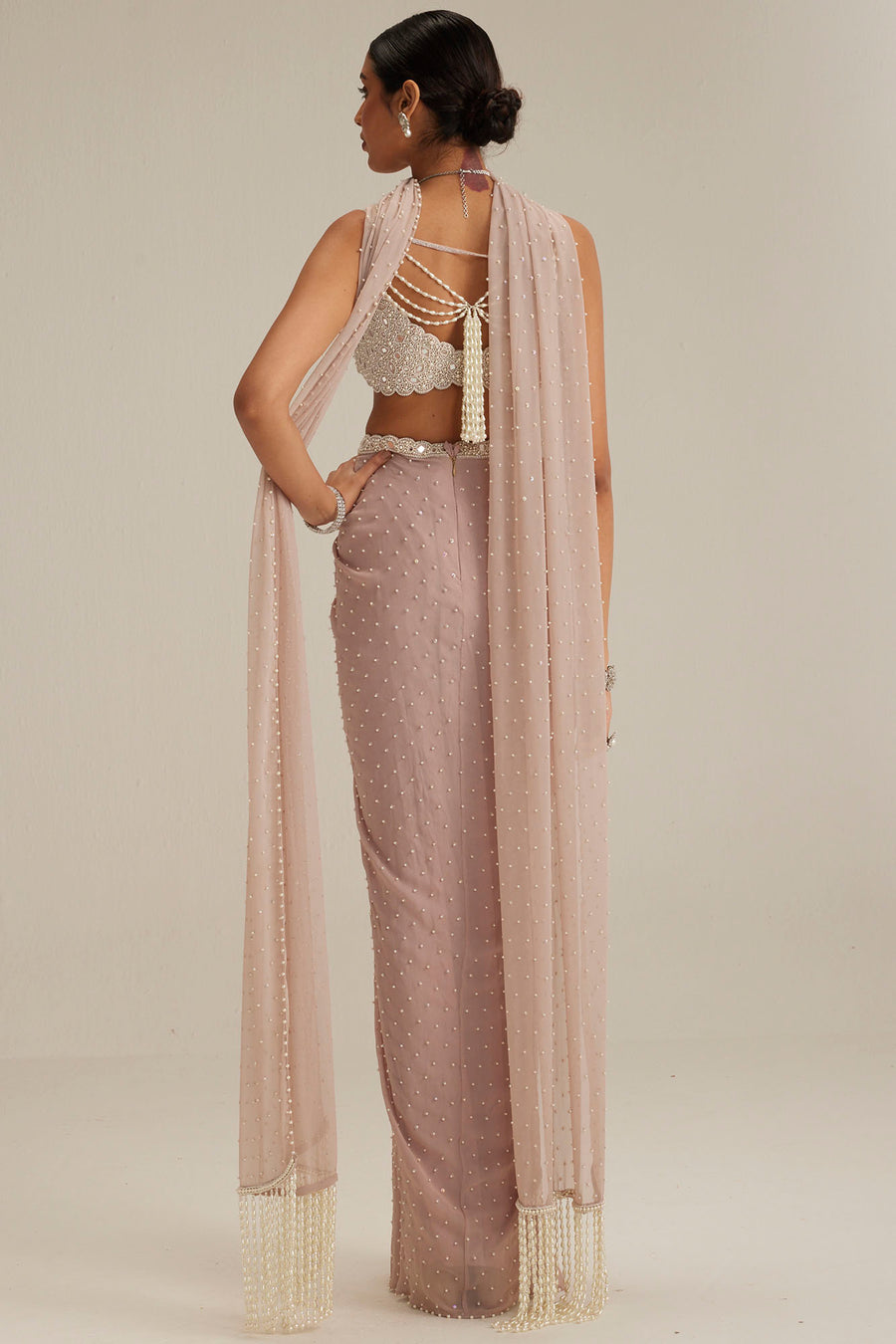 Ash Pink Pearl Scattered Draped Skirt Set