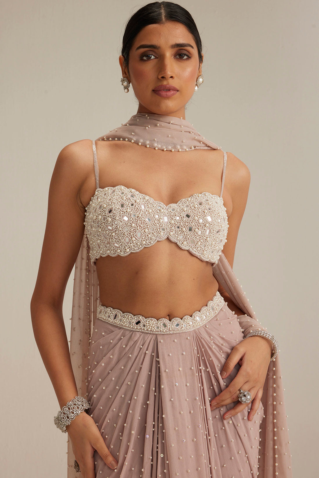 Ash Pink Pearl Scattered Draped Skirt Set