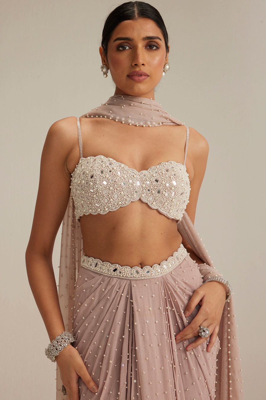 Ash Pink Pearl Scattered Draped Skirt Set