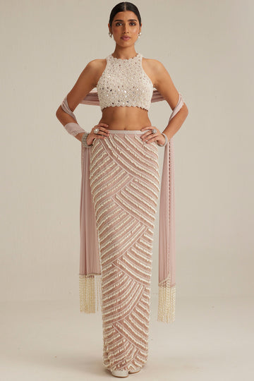 Ash Pink Pearl Drop Pencil Skirt Set