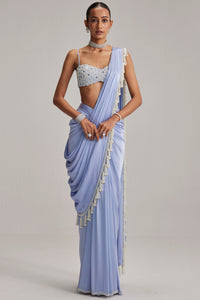 Dew Blue Satin Draped Saree Set