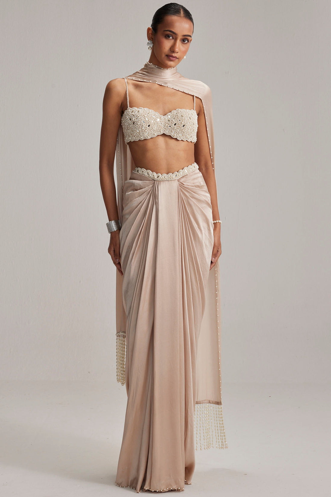 Light Beige Satin Draped Skirt Set