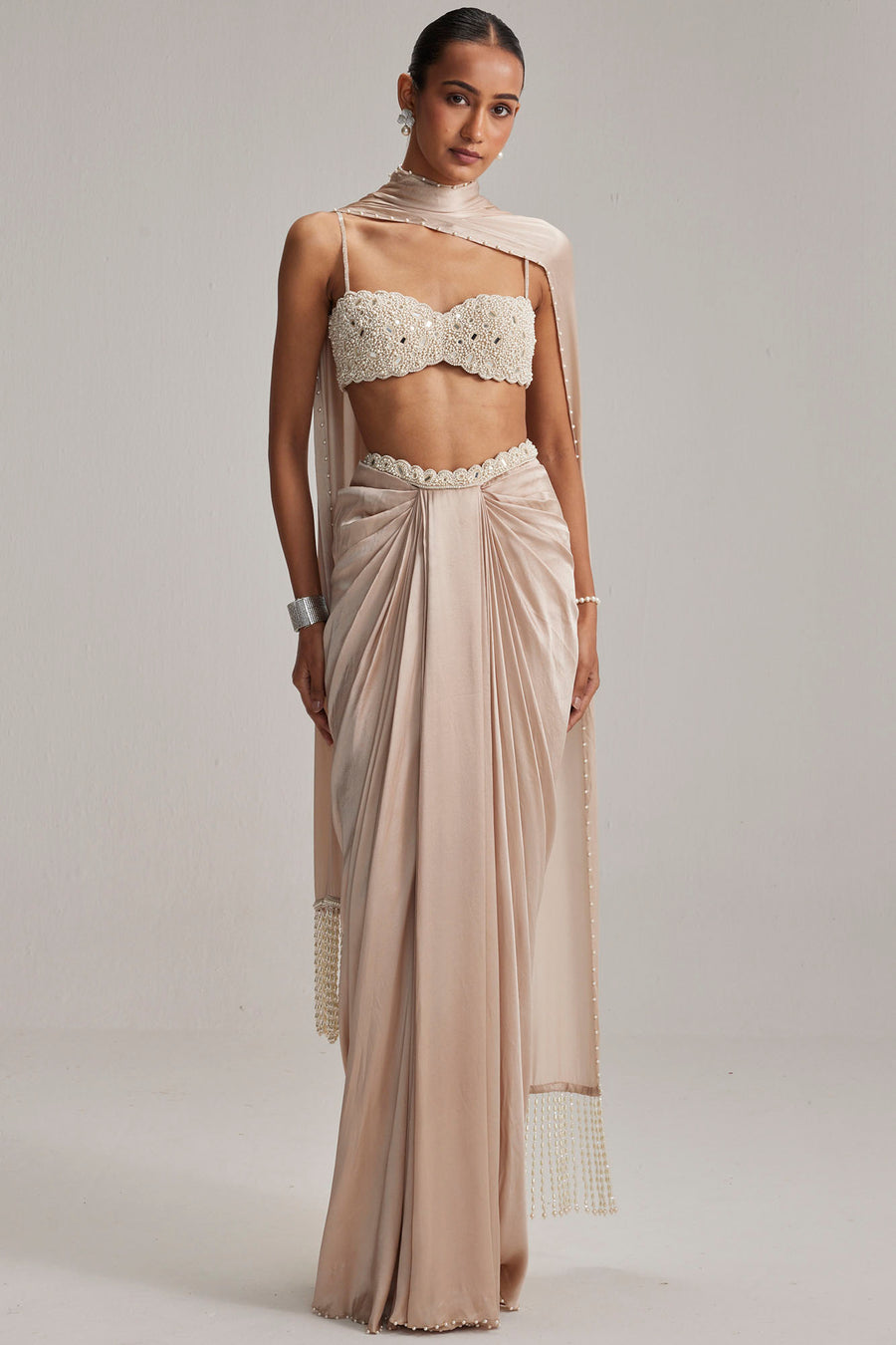 Light Beige Satin Draped Skirt Set