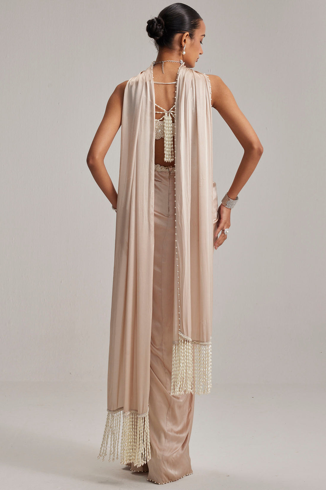 Light Beige Satin Draped Skirt Set