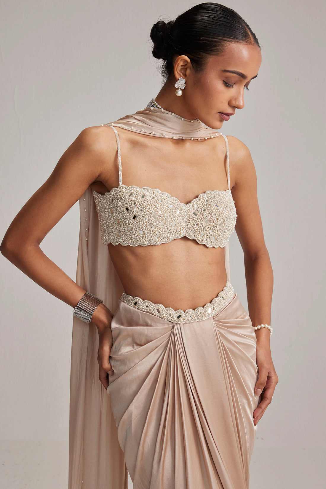 Light Beige Satin Draped Skirt Set