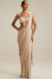 Light Beige Mirror & Pearl Draped Saree Set