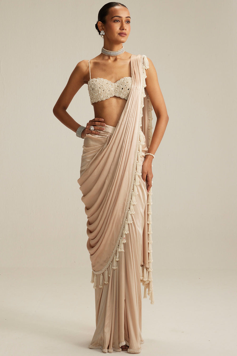 Light Beige Mirror & Pearl Draped Saree Set