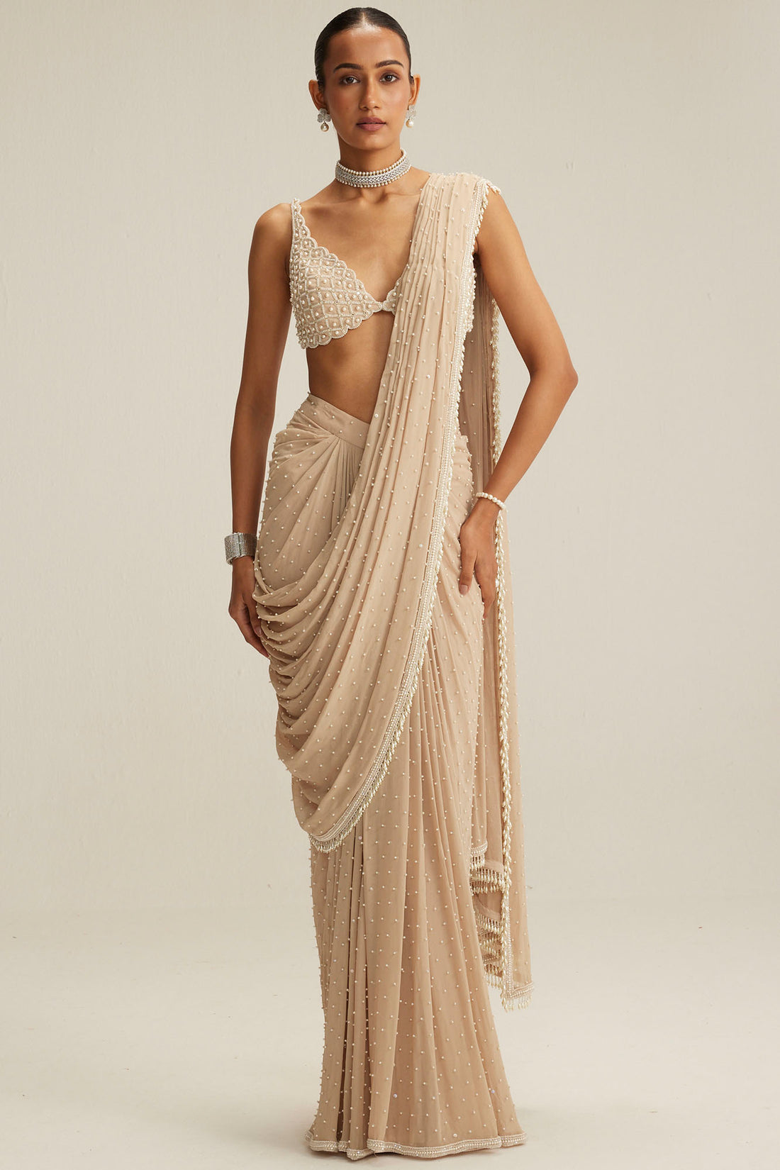 Light Beige Draped Saree Set