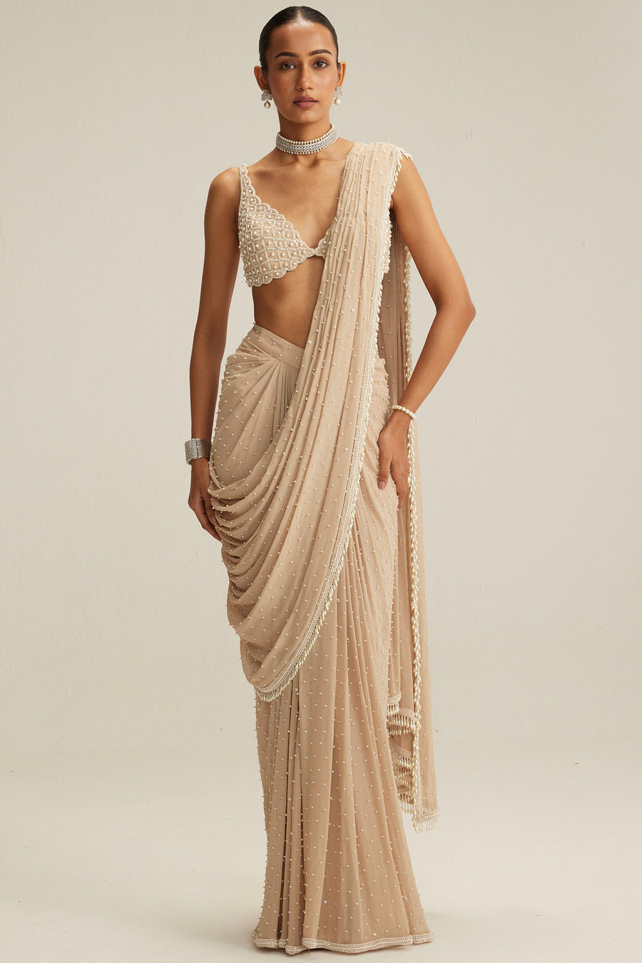 Light Beige Draped Saree Set