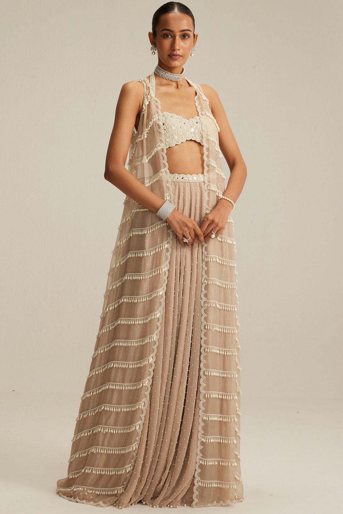 Light Beige Pearl Drop Jacket Set