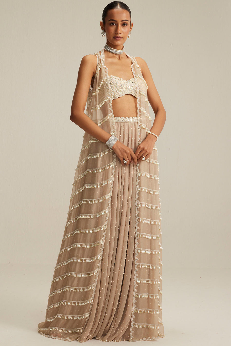 Light Beige Pearl Drop Jacket Set