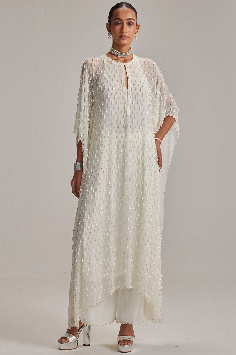 Off White Pearl Drop Kaftaan Set