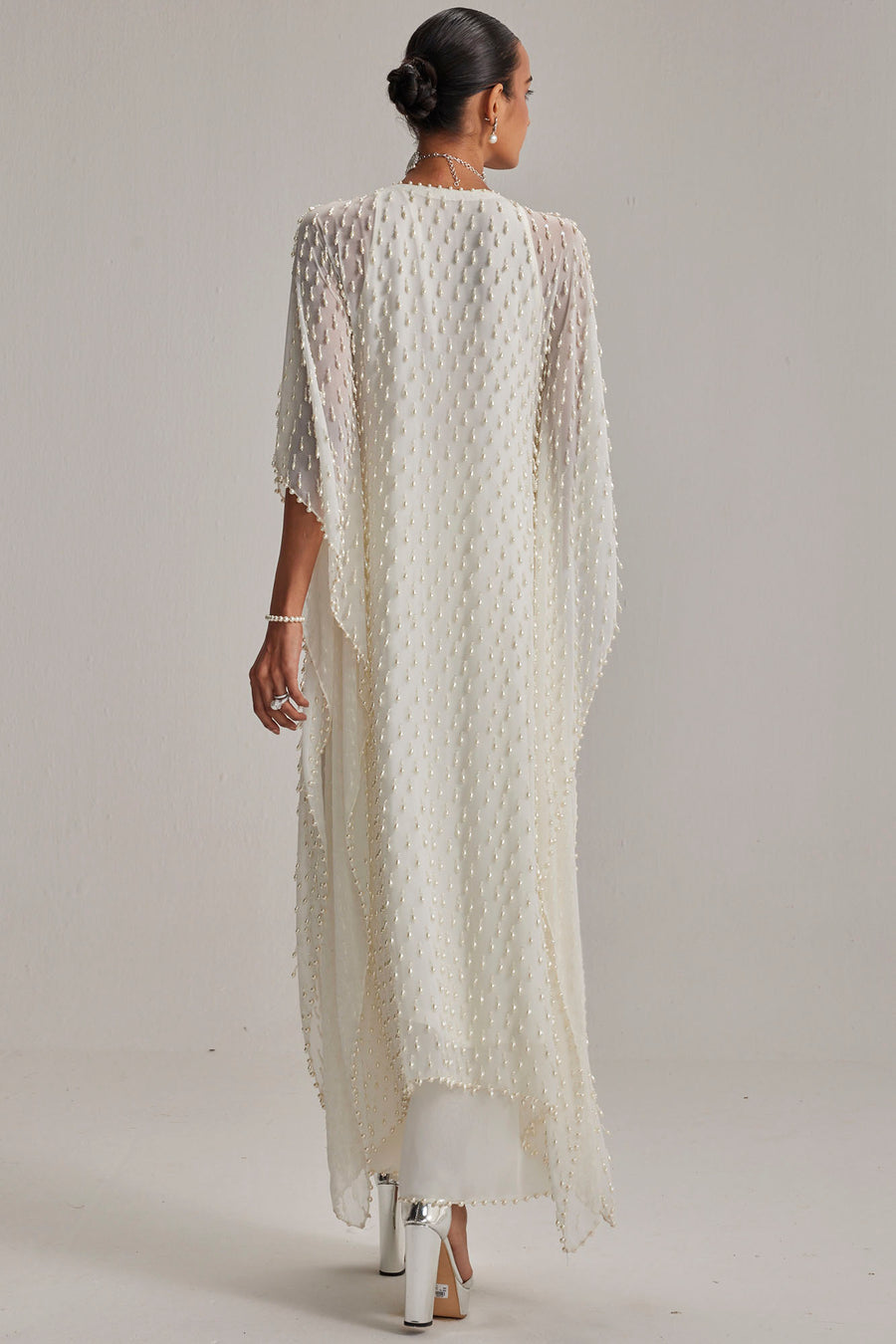 Off White Pearl Drop Kaftaan Set