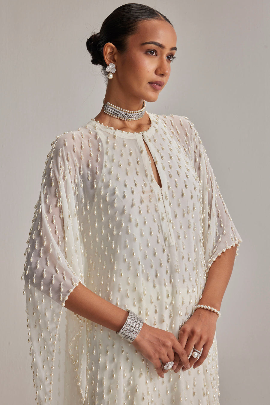 Off White Pearl Drop Kaftaan Set