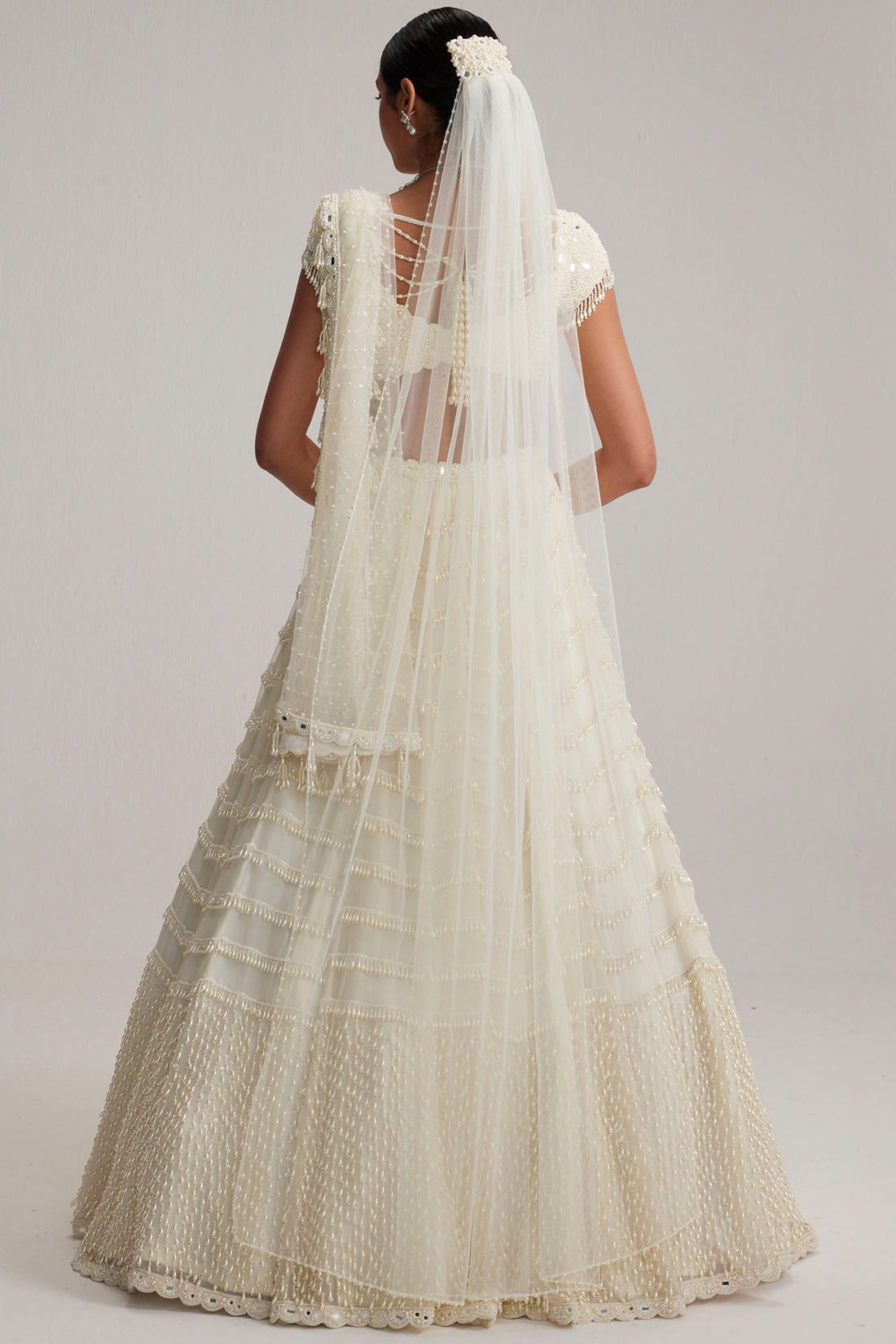 Off White Bridal Lehenga Set with Veil