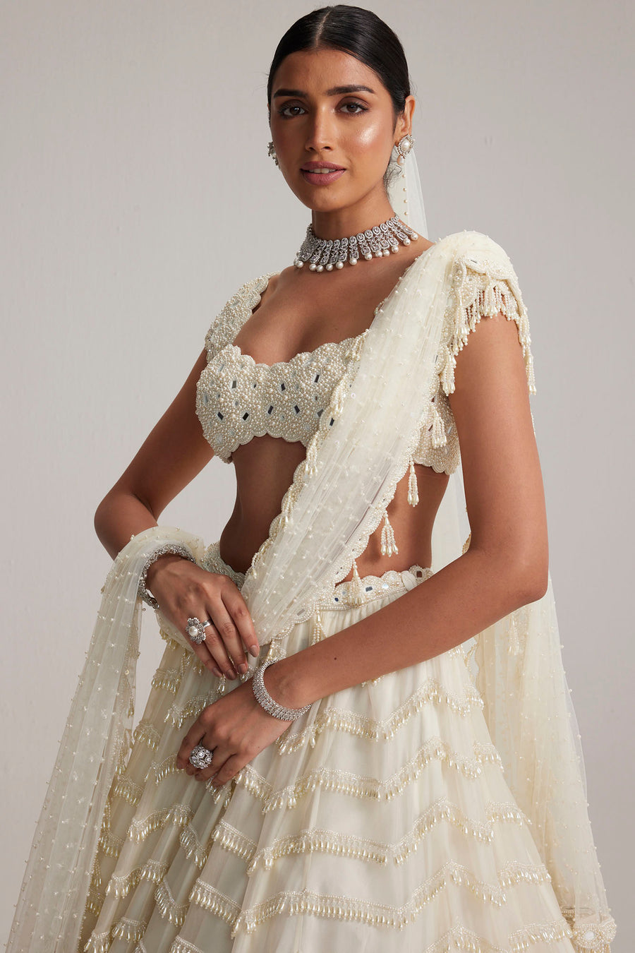 Off White Bridal Lehenga Set with Veil