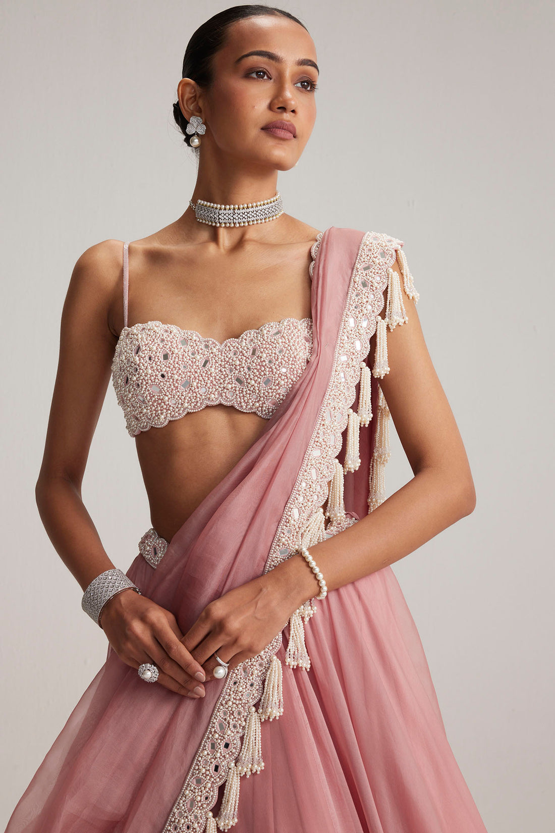 Dusty Rose Mirror & Pearl Lehenga Set