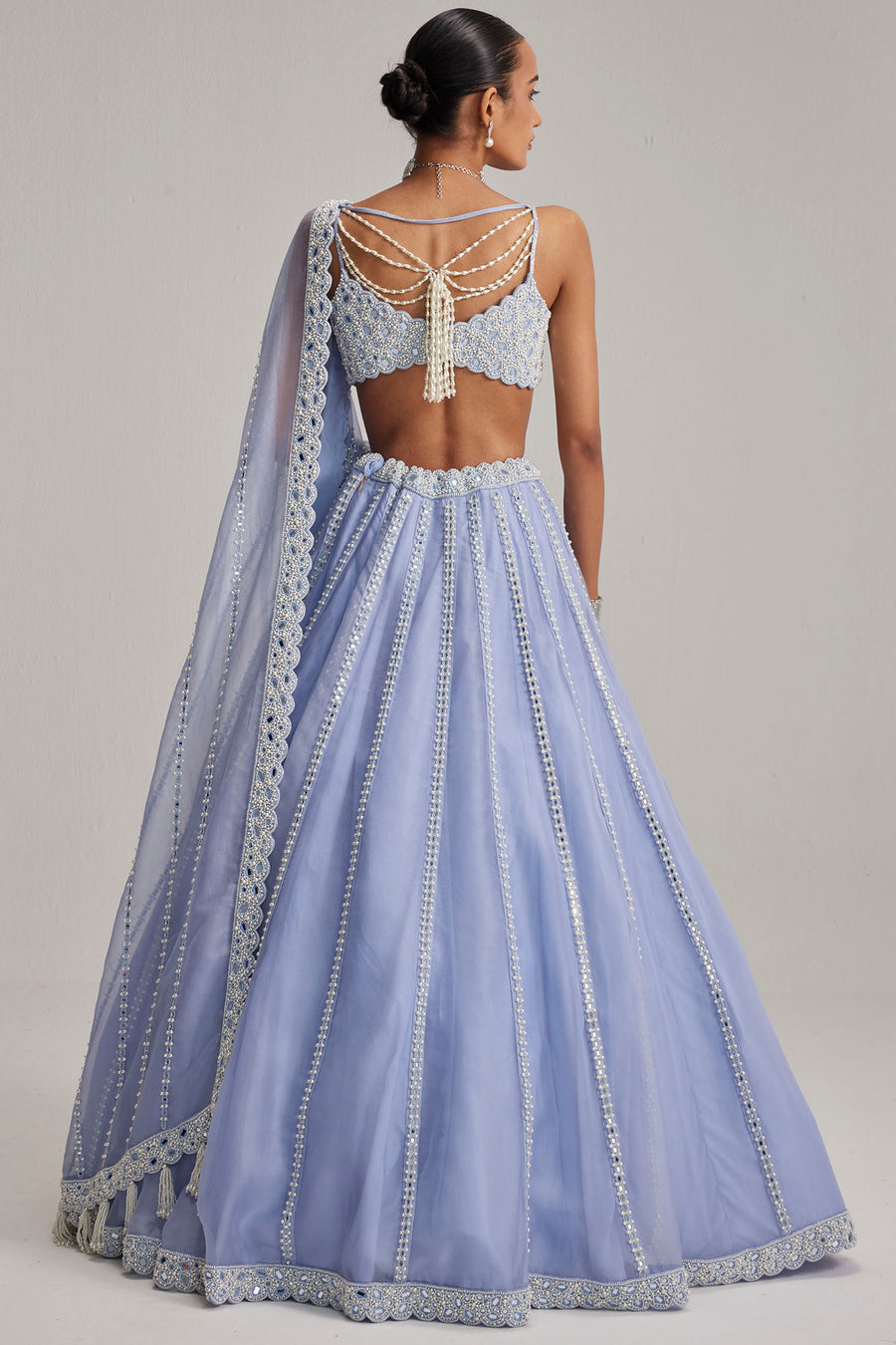 Dew Blue Linear Mirror Lehenga Set