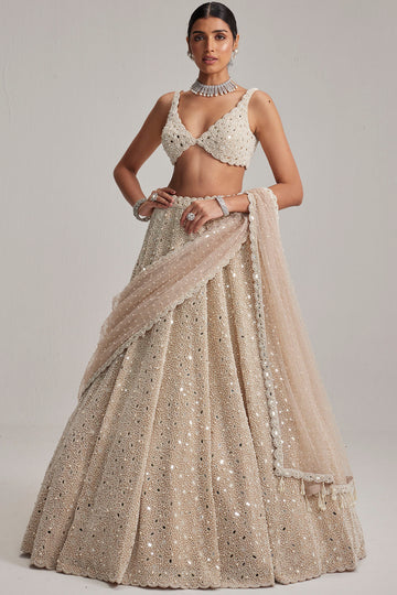 Light Beige Dense Mirror & Pearl Lehenga Set