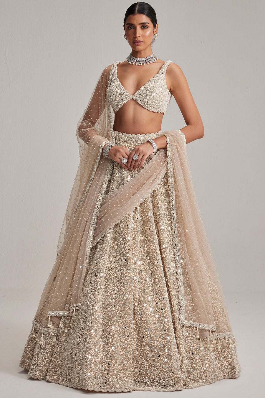 Light Beige Dense Mirror & Pearl Lehenga Set