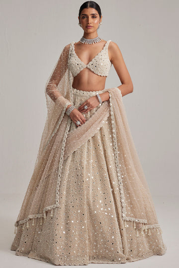 Light Beige Dense Mirror & Pearl Lehenga Set
