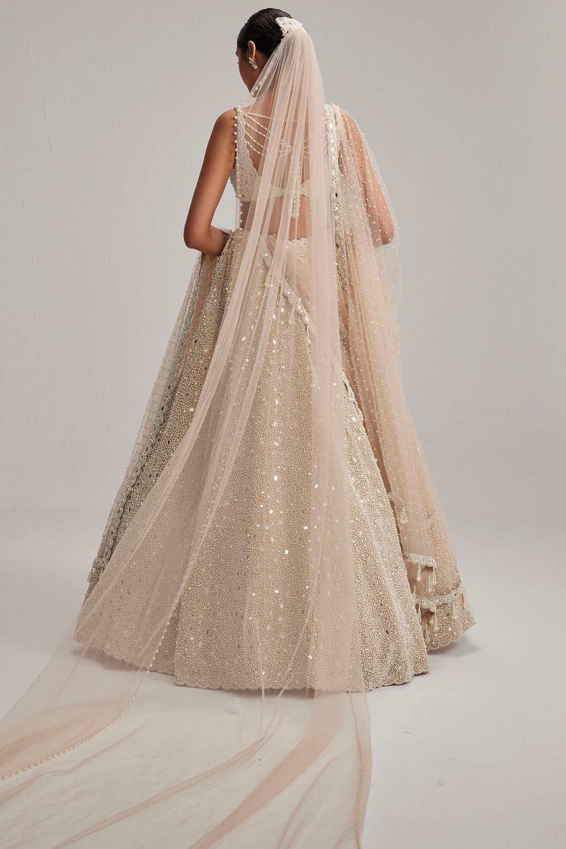 Light Beige Dense Mirror & Pearl Lehenga Set