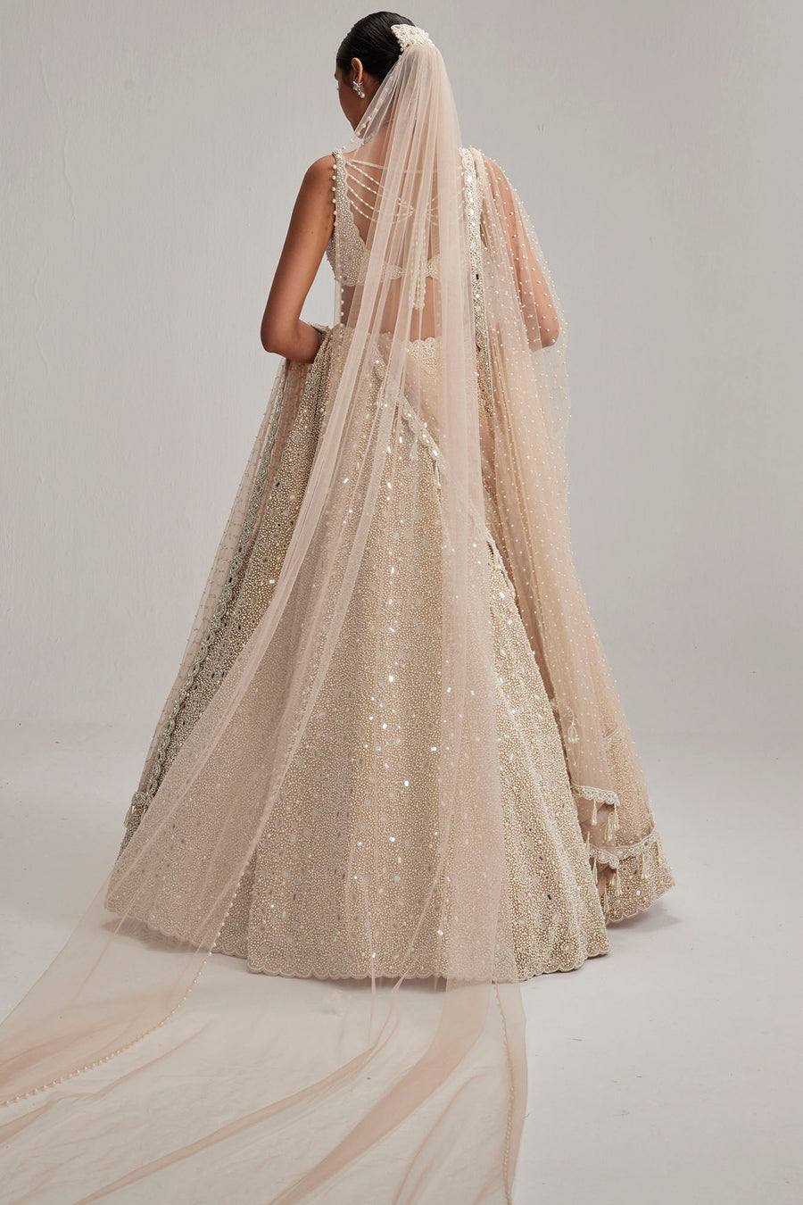 Light Beige Dense Mirror & Pearl Lehenga Set