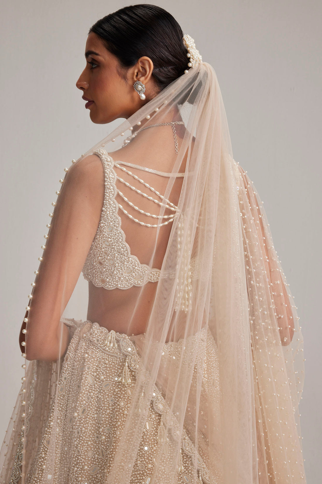 Light Beige Dense Mirror & Pearl Lehenga Set