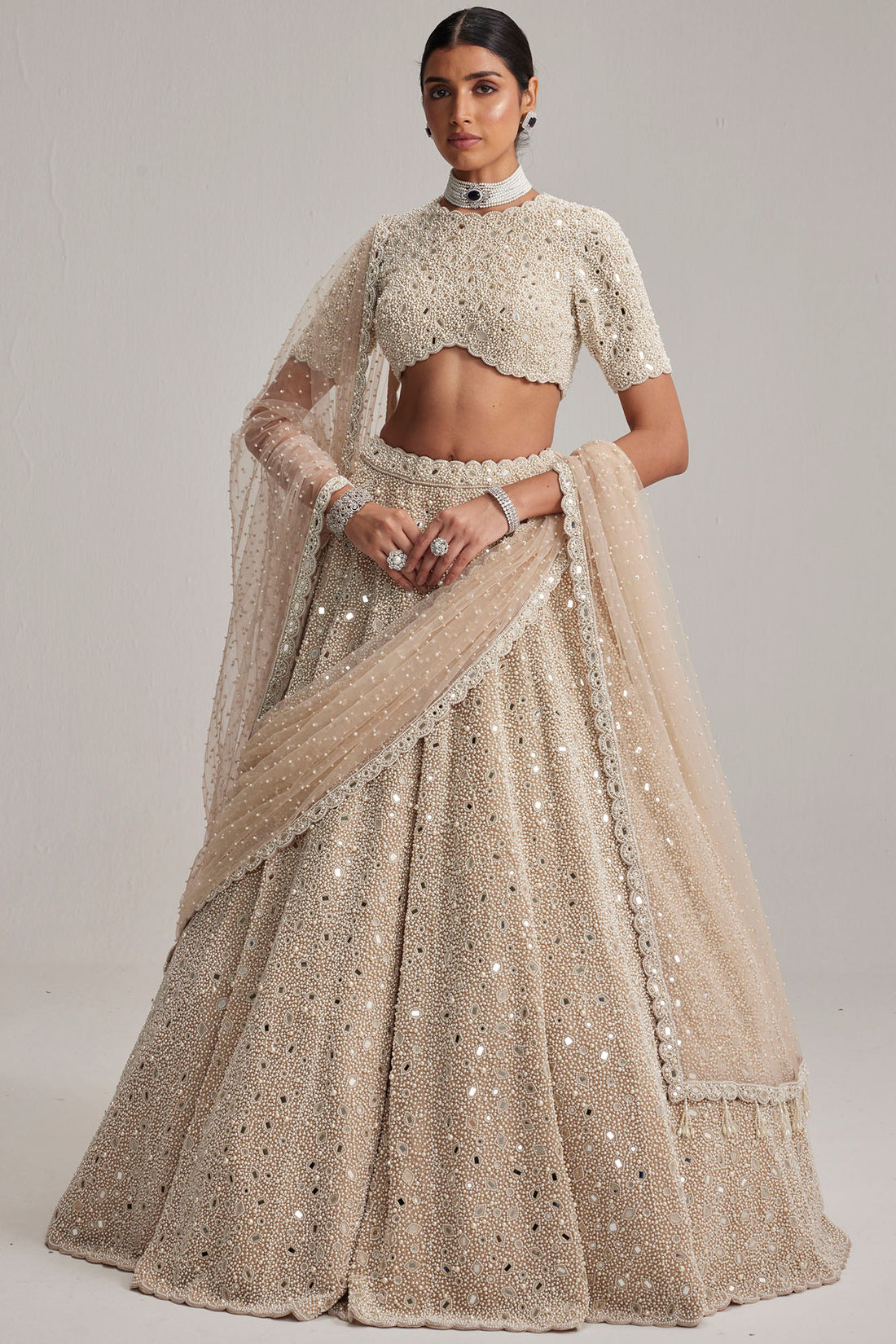 Light Beige High Neck Blouse Lehenga Set