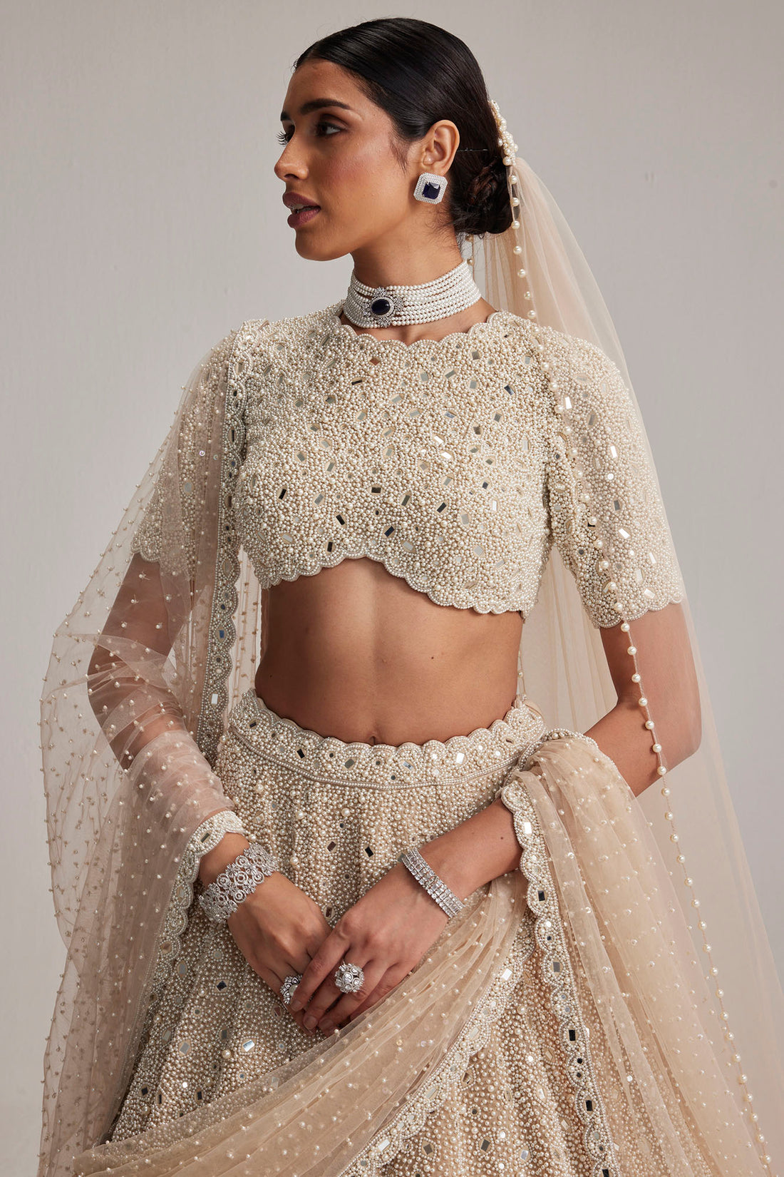 Light Beige High Neck Blouse Lehenga Set