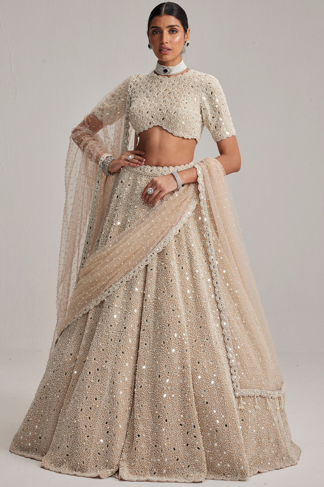 Light Beige High Neck Blouse Lehenga Set