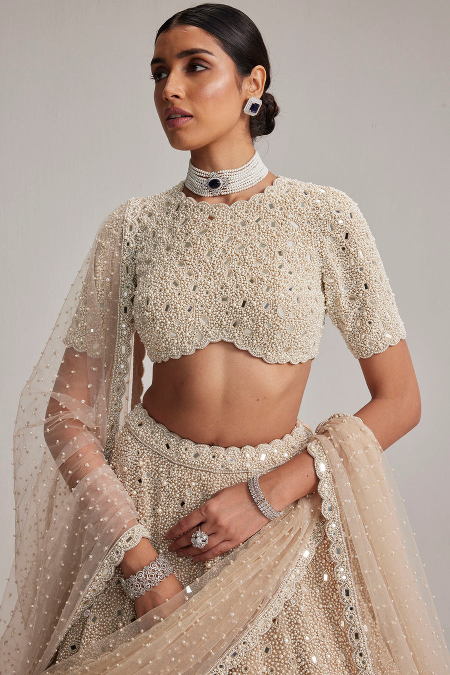 Light Beige High Neck Blouse Lehenga Set