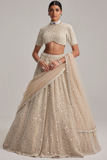 Light Beige High Neck Blouse Lehenga Set