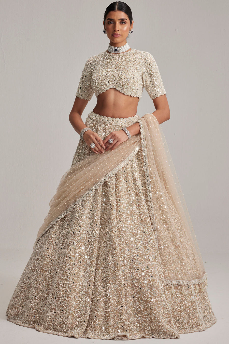Light Beige High Neck Blouse Lehenga Set