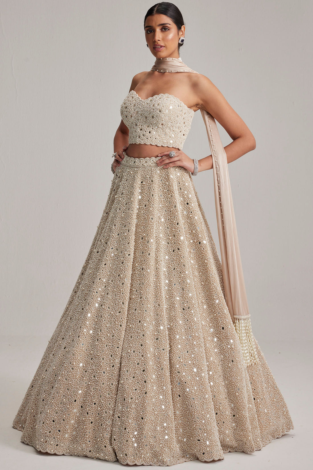 Light Beige Mirror & Pearl Corset Lehenga Set