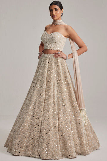 Light Beige Mirror & Pearl Corset Lehenga Set