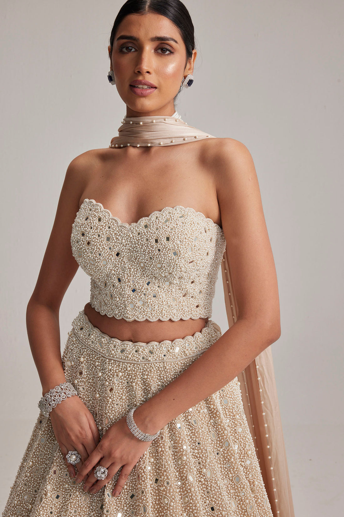 Light Beige Mirror & Pearl Corset Lehenga Set