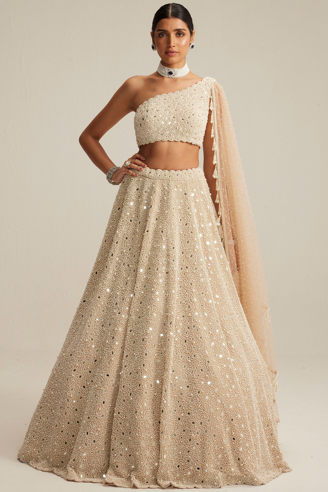 Light Beige Mirror & Pearl Lehenga Set