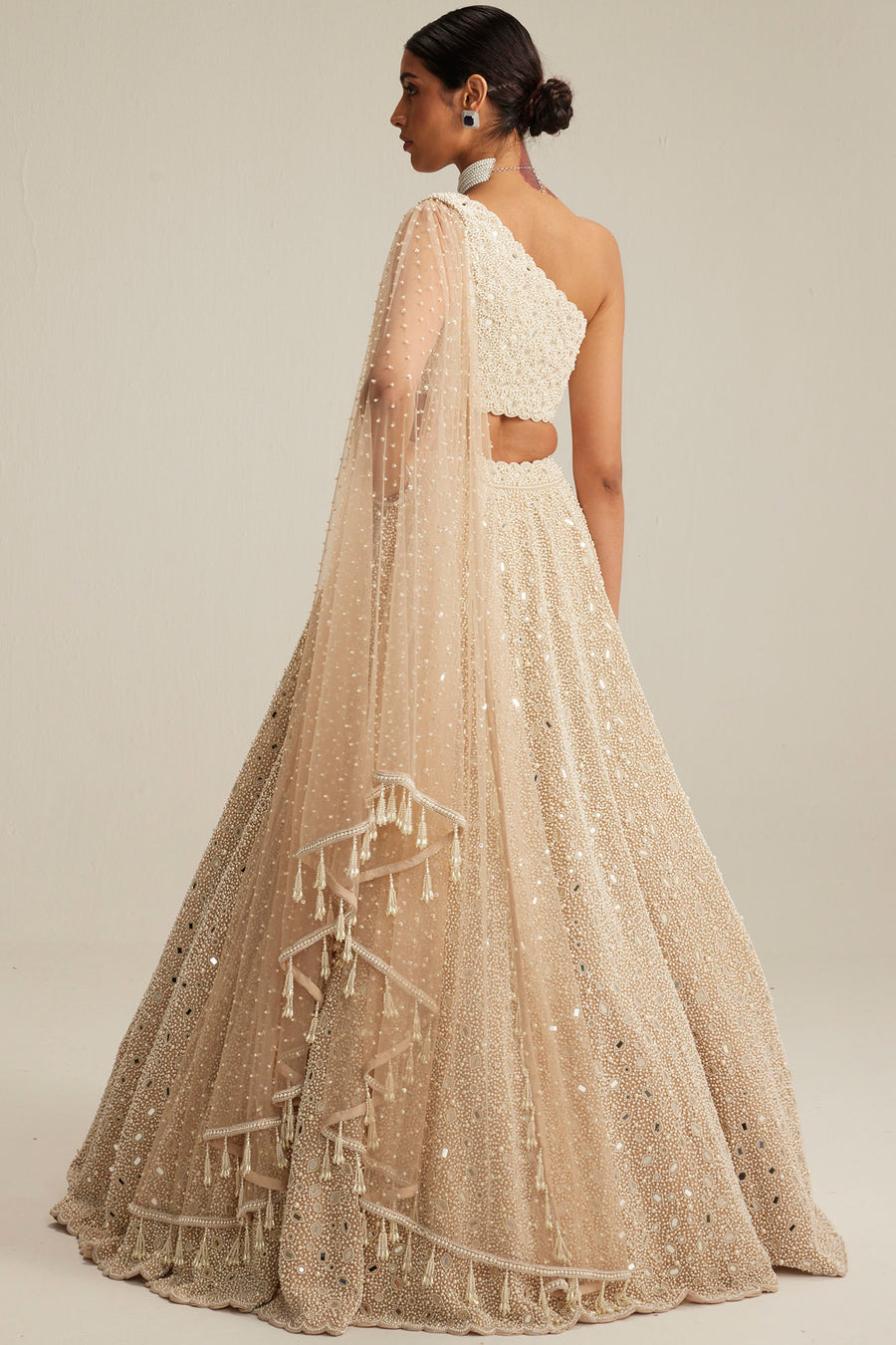 Light Beige Mirror & Pearl Lehenga Set