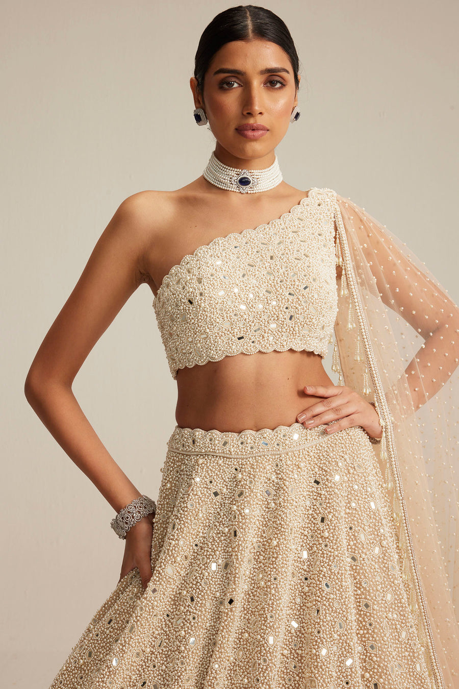 Light Beige Mirror & Pearl Lehenga Set