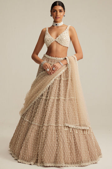Light Beige Pearl Drop Multi Tier Lehenga Set