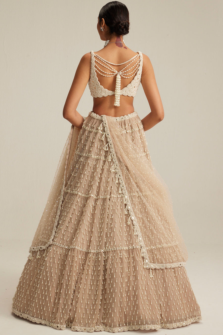Light Beige Pearl Drop Multi Tier Lehenga Set