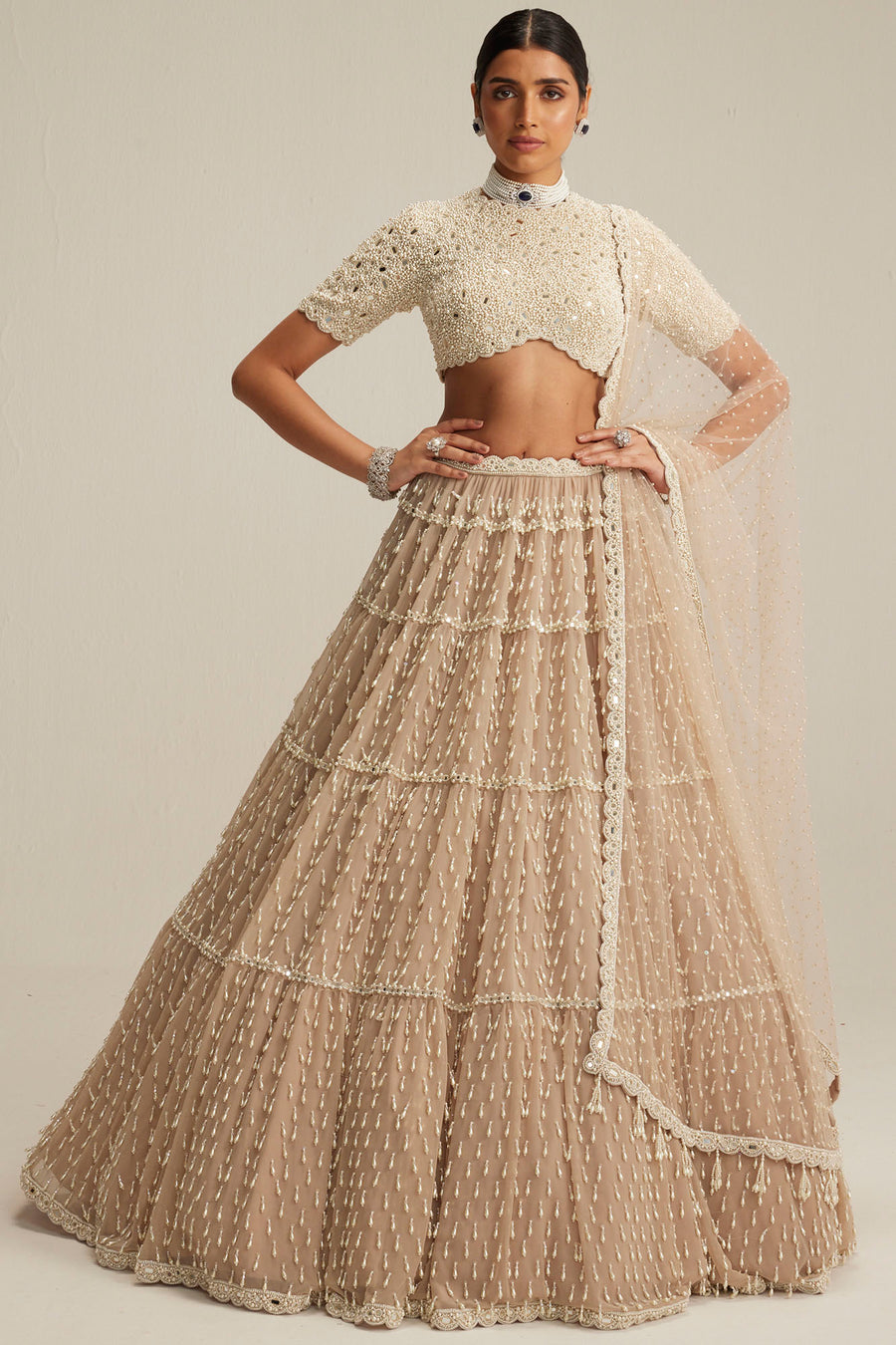 Light Beige Multi Tier Lehenga Set