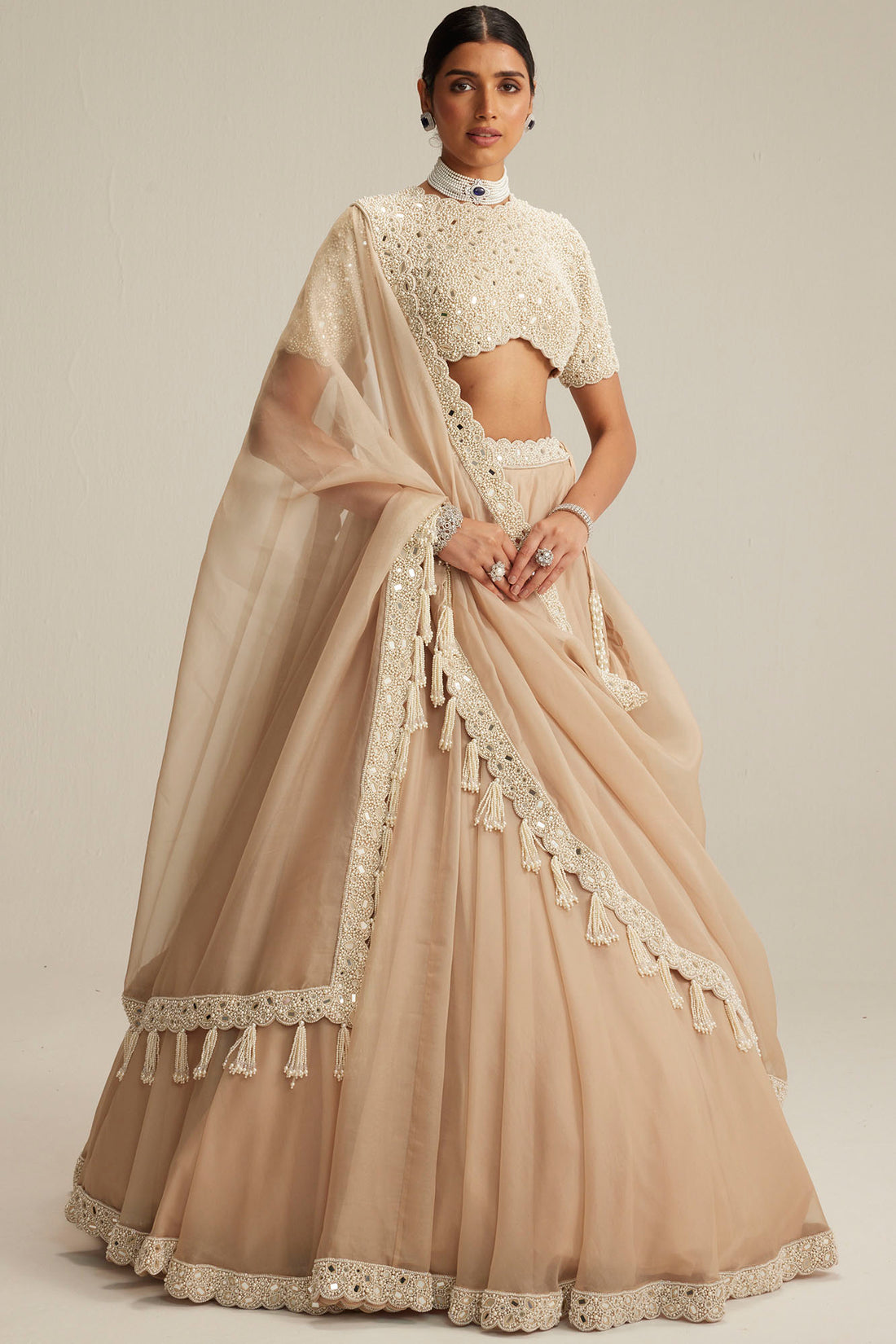 Light Beige Mirror & Pearl Lehenga
