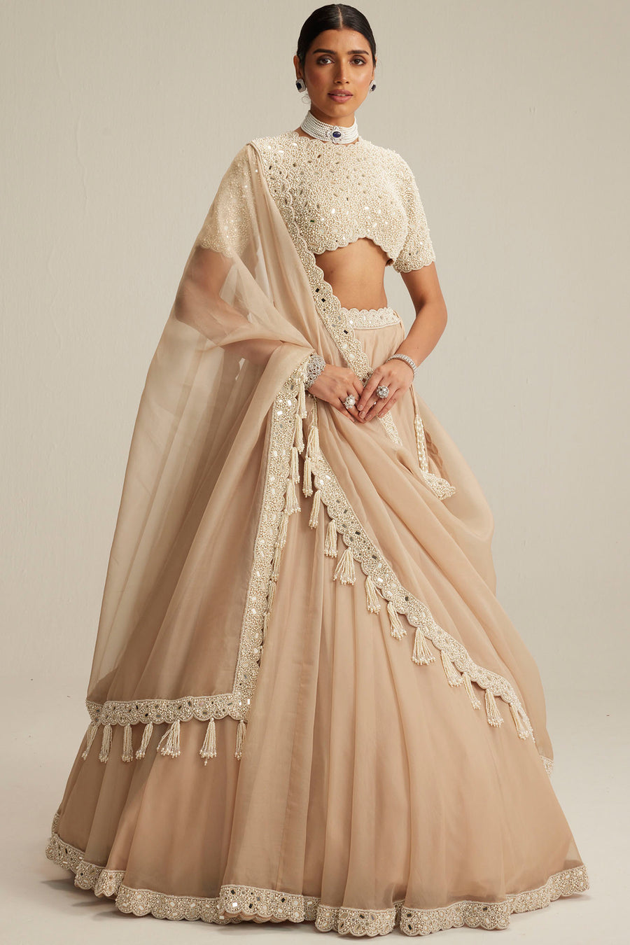 Light Beige Mirror & Pearl Lehenga