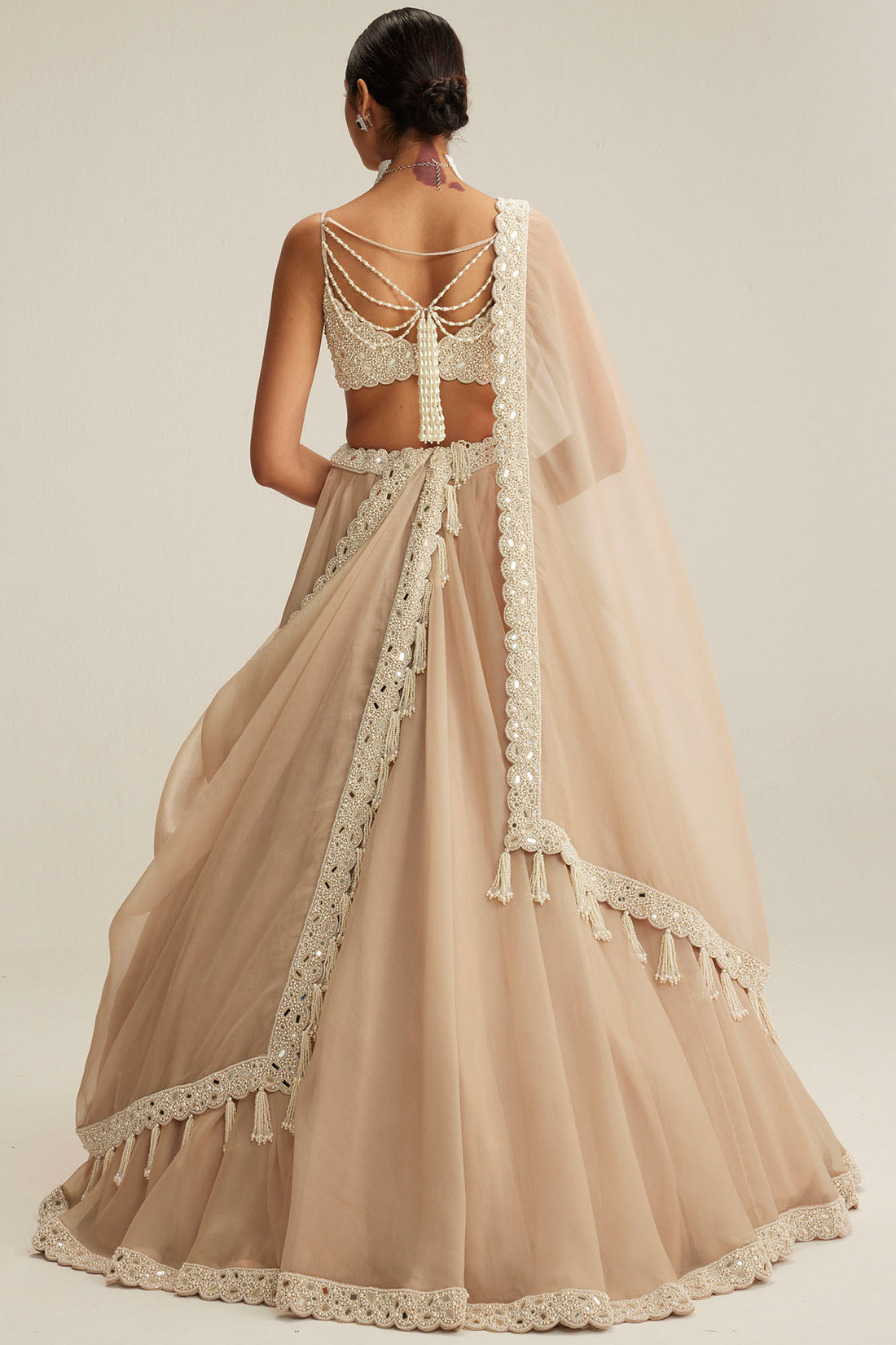 Light Beige Organza Mirror & Pearl Lehenga