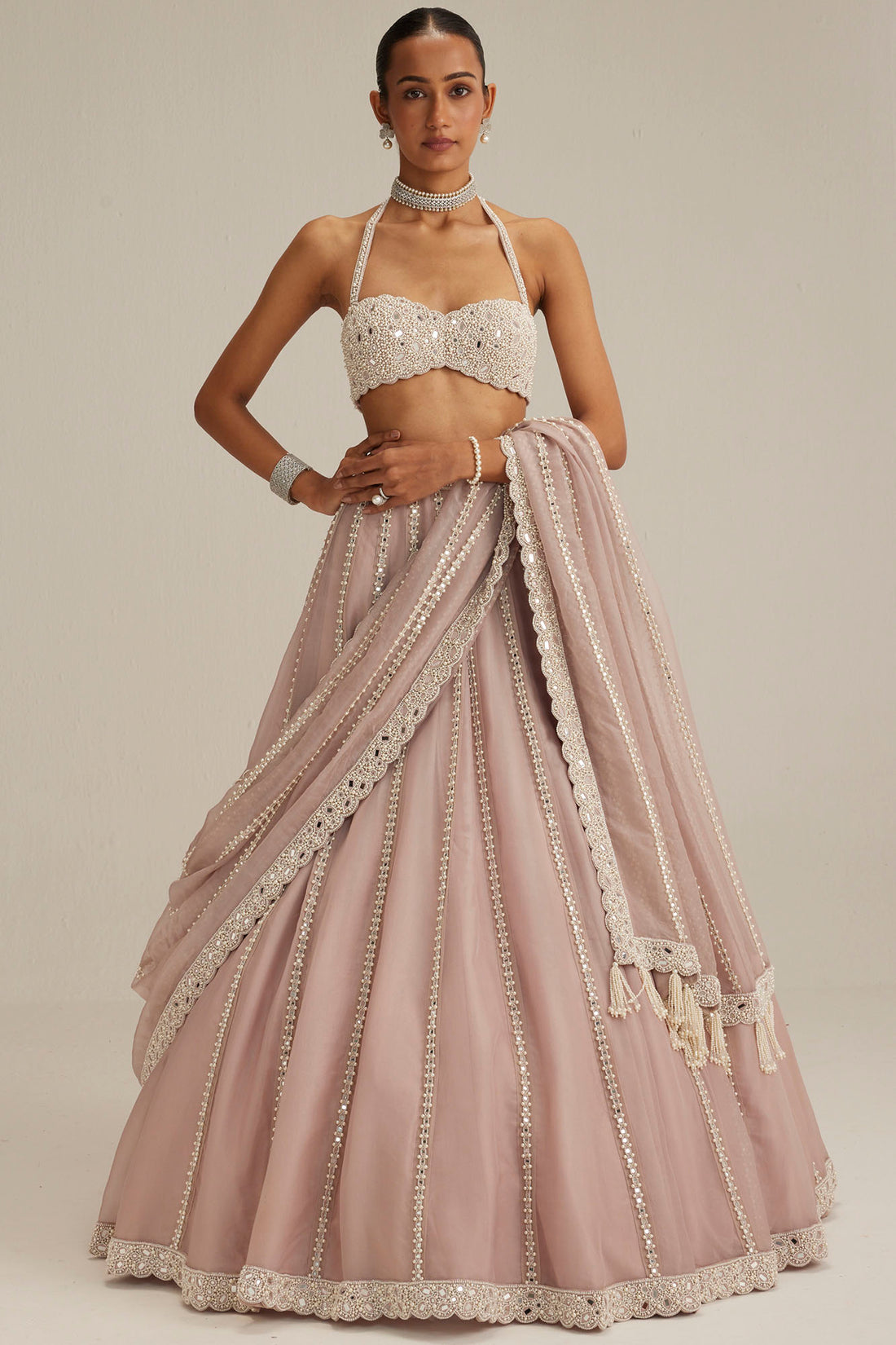 Ash Pink Linear Embroidered Lehenga